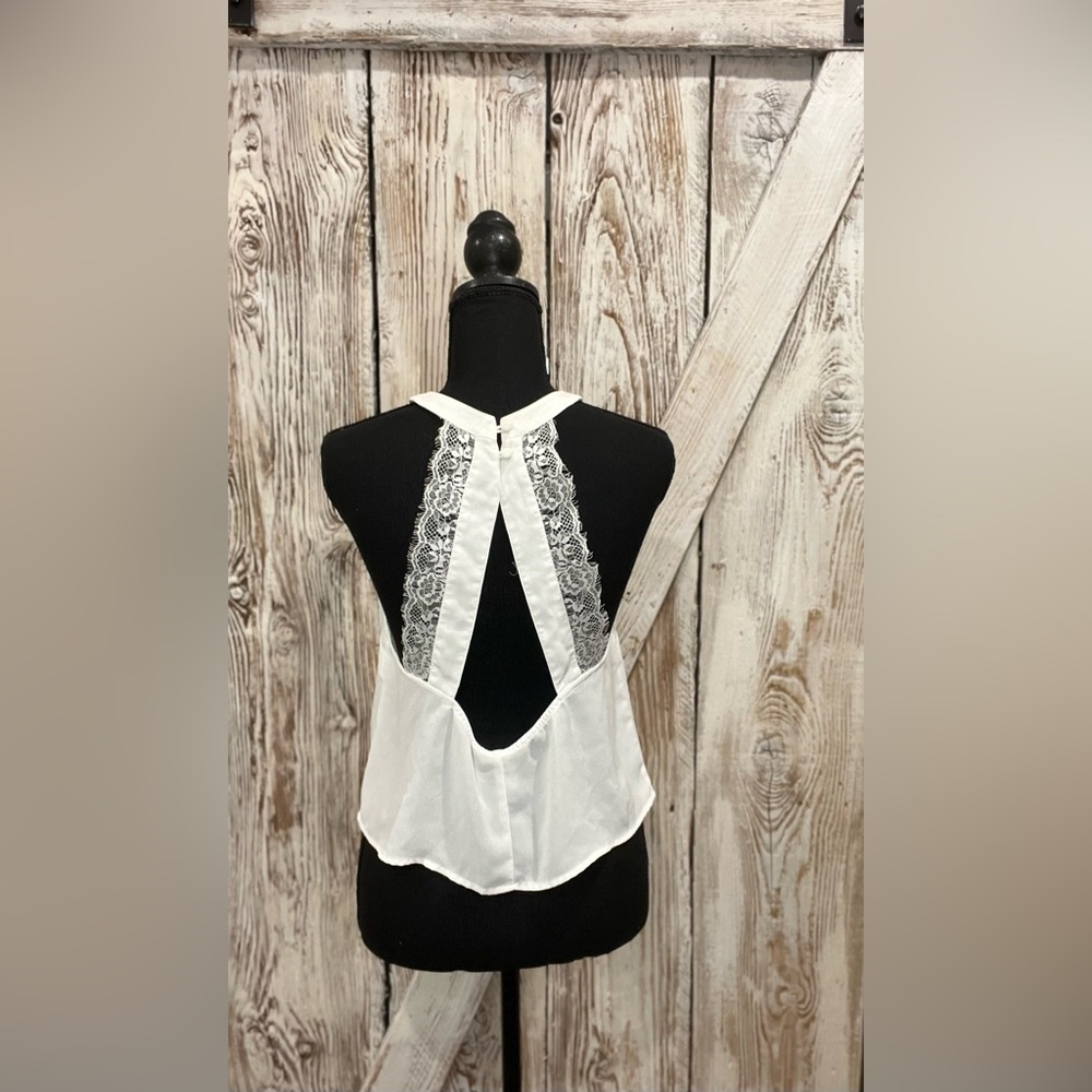 Flowy White Summer halter Top, with a lace trim on the back